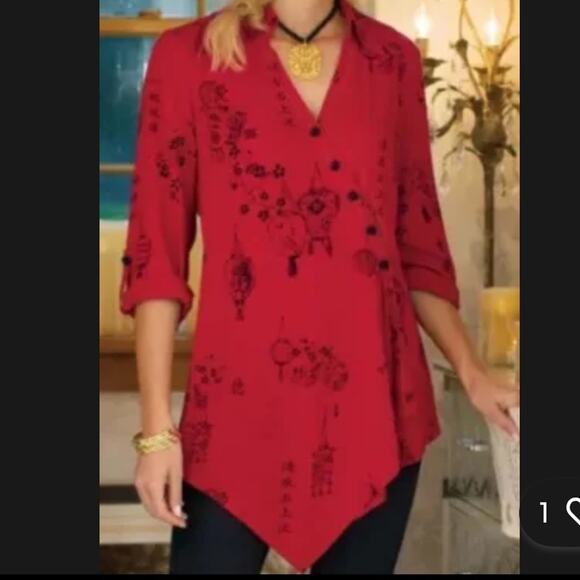 Soft Surroundings Tunic Shirt Pagoda Asian Kimono Sz Large L French Knit Buttons - Picture 4 of 10